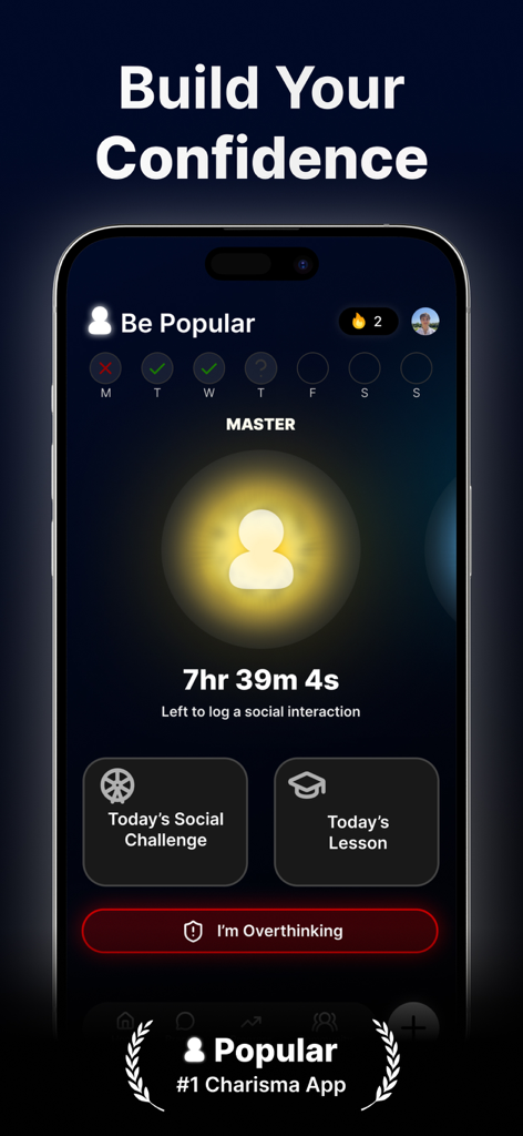 Popular - Charisma Coach - Interfaz de la aplicación Popular para desarrollar confianza social con desafíos diarios y lecciones
