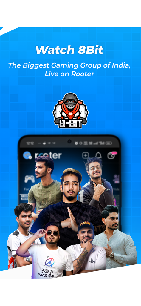 Werbebanner für die Rooter-App mit der 8Bit-Gaming-Gruppe aus Indien live auf der Plattform.