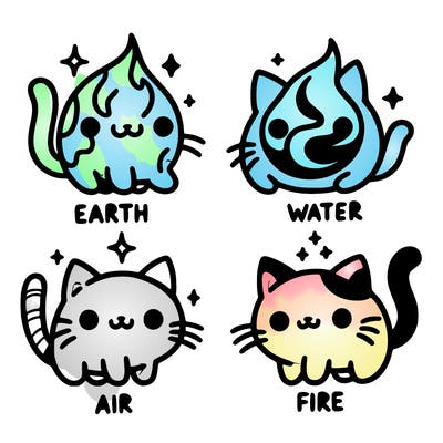 4 cats that represent the different elements, earth, water, air, and fire