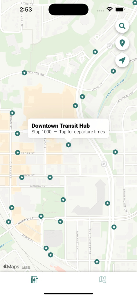 Sudbury Transit (GOVA) - Map view showing the Downtown Transit Hub and nearby bus stops in the GOVA app