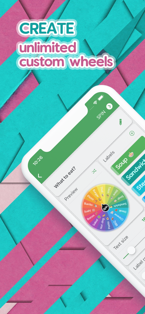 Spin The Wheel - Random Picker - Tela de celular mostrando a interface do aplicativo Spin The Wheel para criar rodas de decisão personalizadas