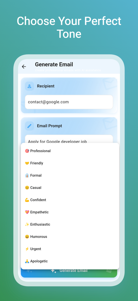 Oberfläche des KI-E-Mail-Assistenten, die ein Dropdown-Menü zur Auswahl professioneller, freundlicher oder formeller E-Mail-Töne zeigt