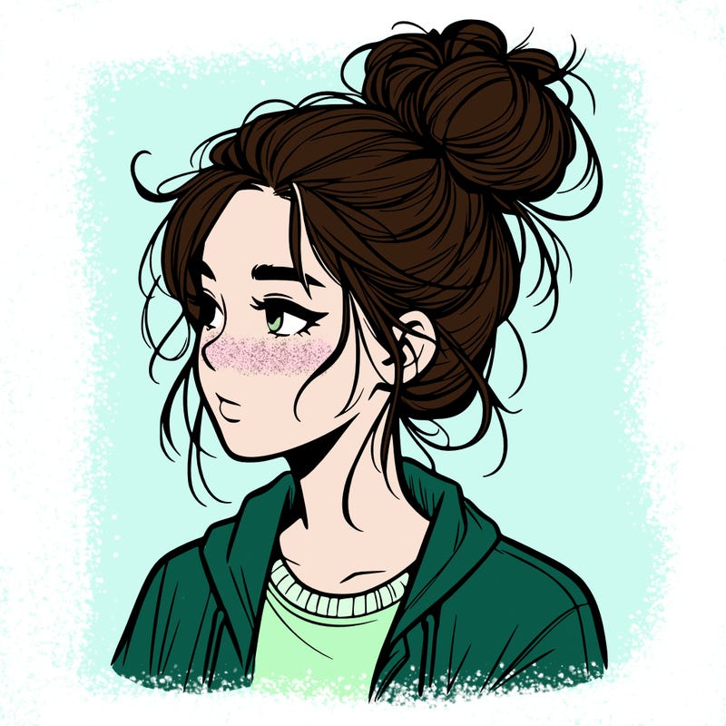 realistic teenage girl with a messy bun