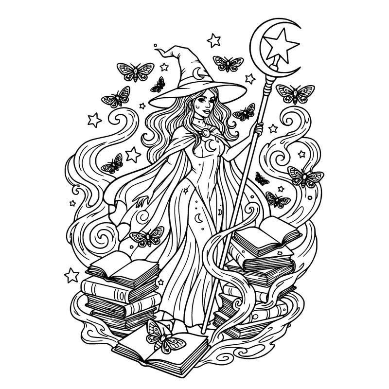 fine complete lines of a moon witch with moths and stars. no shading.smoke and books everywhere