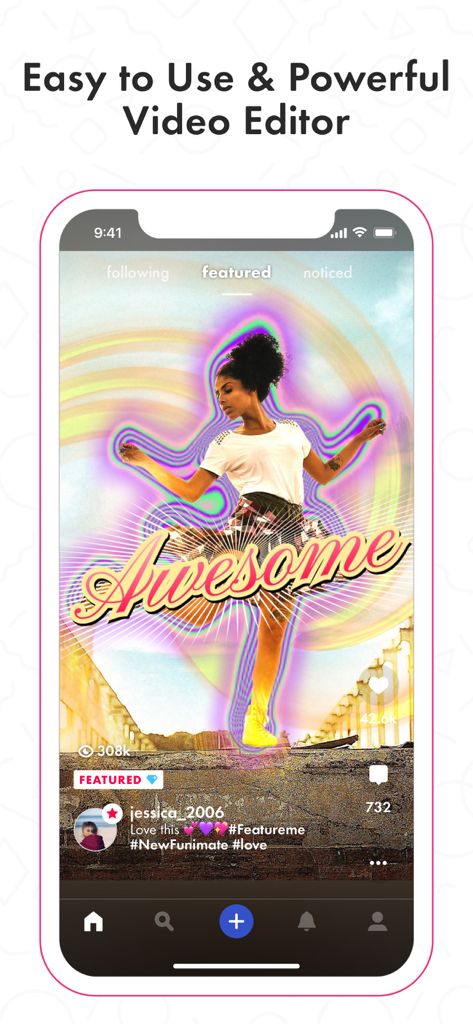 Funimate app showing a featured creative video edit with neon glow effects