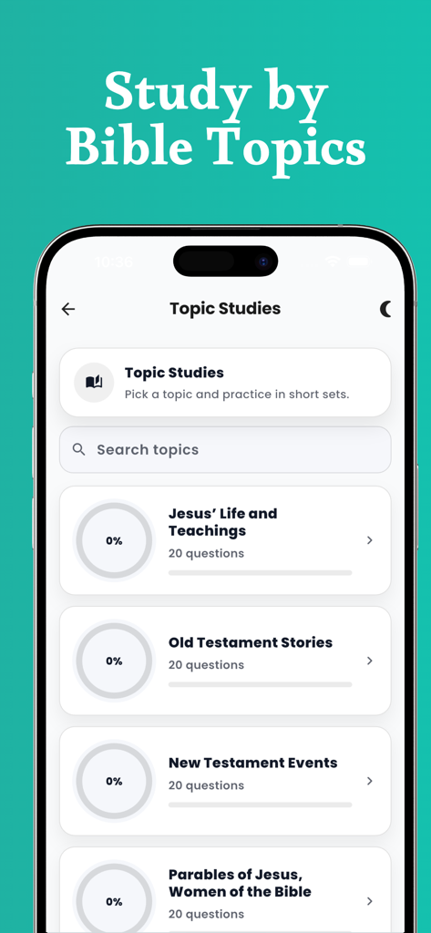 Bible Quiz Unlimited & Trivia - Pantalla de la aplicación móvil que muestra varios temas de estudio bíblico, incluida la vida de Jesús e historias del Antiguo Testamento con seguimiento del progreso.