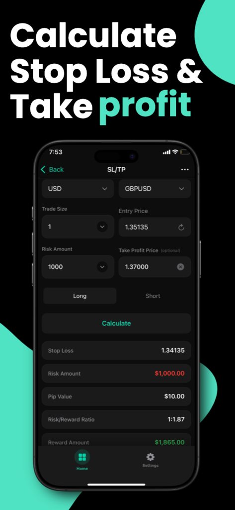 Forex Calculator : Pips & Lot - Interfaz de la aplicación calculadora Forex para calcular stop loss y take profit