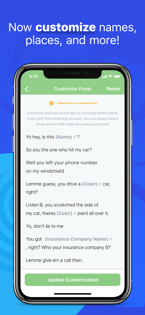 PrankDial - #1 Prank Call App - A smartphone screen displaying the customization menu for a prank call script in the PrankDial app
