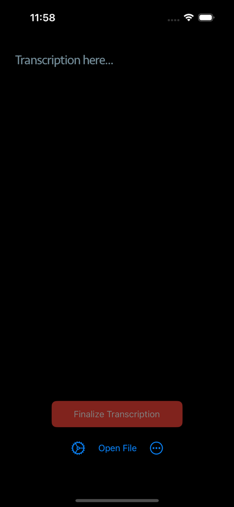 AI Speech Transcriber - Interfaz principal de la aplicación AI Speech Transcriber que muestra el área de transcripción y el botón para abrir archivo sobre un fondo oscuro.