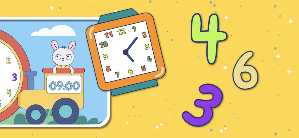 Educational app interface for toddlers learning to tell time with analog and digital clocks