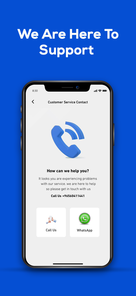 PayPod - Página de contato de suporte ao cliente do aplicativo PayPod mostrando opções para chamadas telefônicas e suporte via WhatsApp.