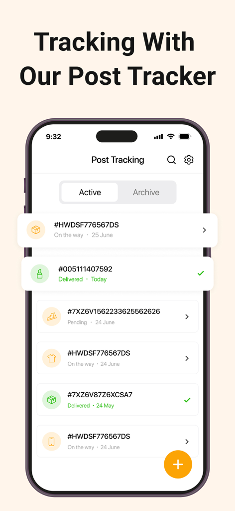 Package Tracker Parcel Tracker - Mobile app screen showing a list of tracked parcels with current delivery statuses