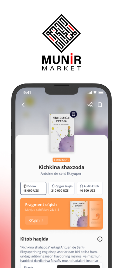 Munir app - Interfaz de la aplicación Munir Market mostrando la página de un libro, El Principito en uzbeko, con opciones para libro electrónico, tapa dura y audiolibro.