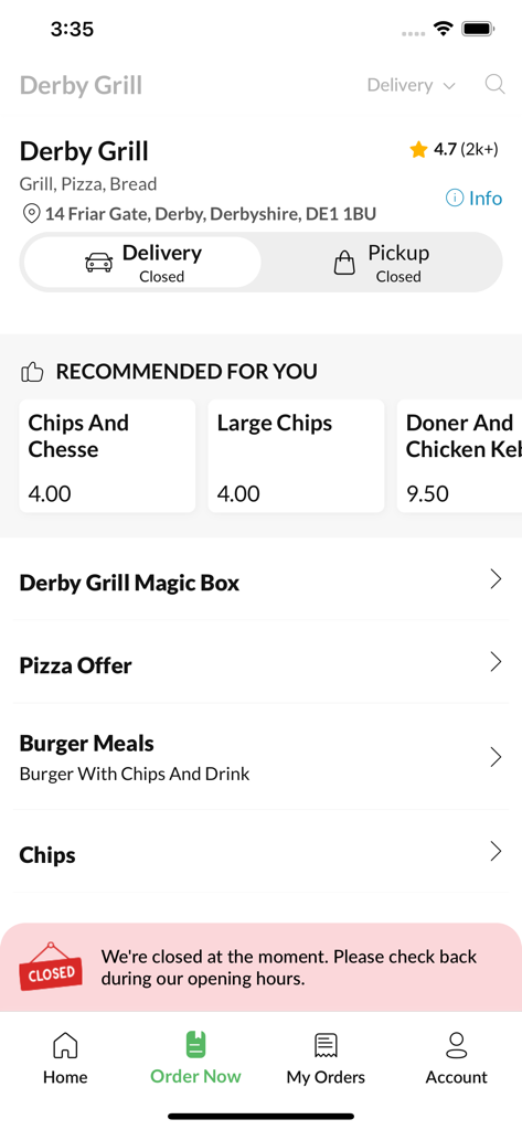 Derby Grill - Derby Grill mobile app home screen showing menu categories and food recommendations