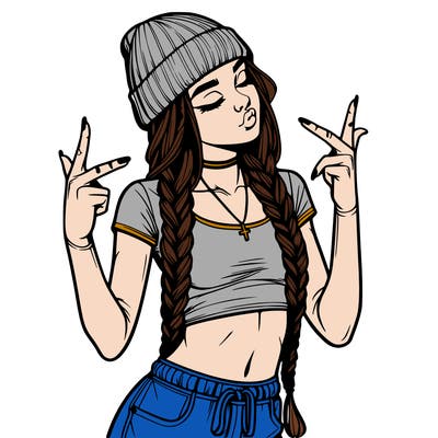 realistic teenage girl with braids and a beanie and crop top doing 🫶🏼