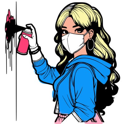 realistic girl with mask spray painting a wall