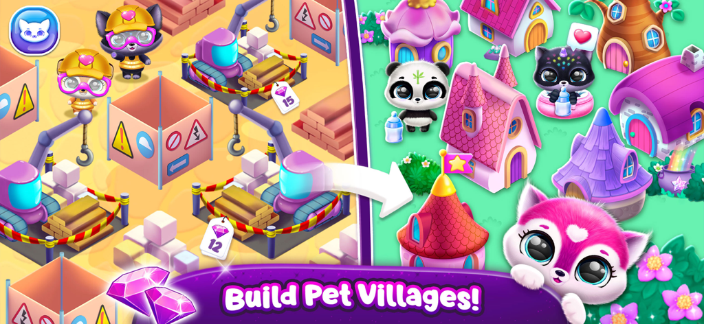 Fluvsies Pocket World - Fluvsies characters building a colorful pet village with cute mushroom houses