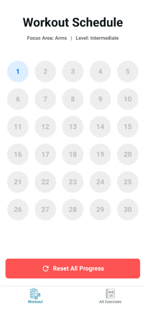 30 day Workout - Workout30 - Interface showing a 30 day workout schedule for arms at an intermediate fitness level
