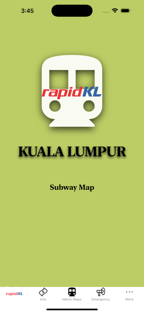 Kuala Lumpur Subway Map - Kuala Lumpur Subway Map mobile app home screen with RapidKL logo and transit navigation menu