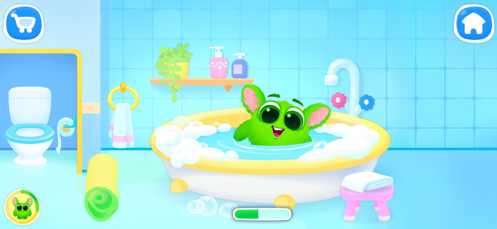 A cute green fluffy pet character taking a bath in a tub full of bubbles inside a virtual bathroom.