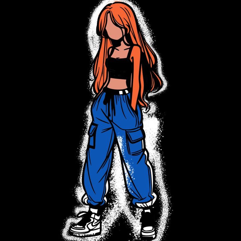 girl in baggy pants crop top and long hair