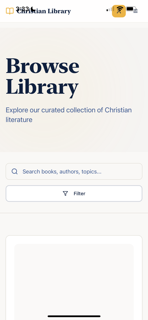 Christian Book Library - The Browse Library screen of the Christian Book Library app showing a search bar and filter options for exploring religious literature