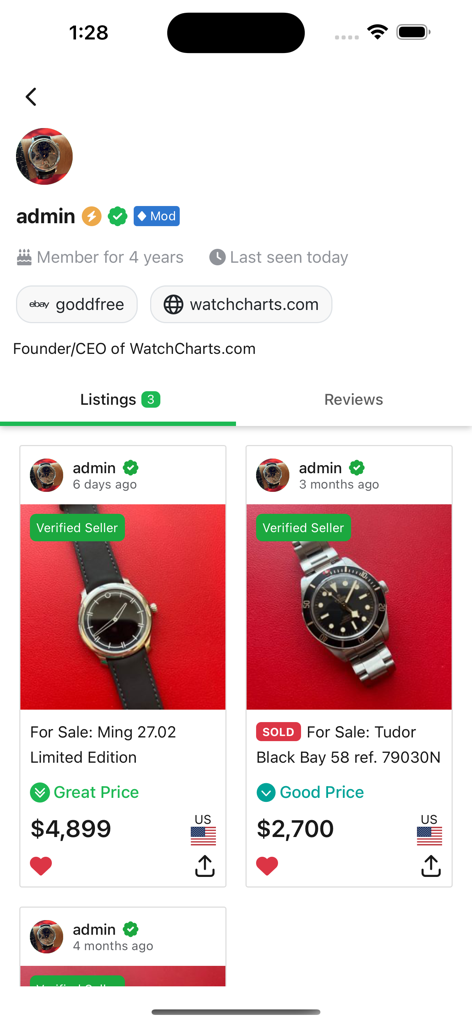 WatchCharts app seller profile displaying luxury watch listings with price analysis and verification badges