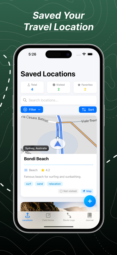 Map 3D Track+ - Interface of the Map 3D Track app displaying saved travel locations with a detailed card and map for Bondi Beach