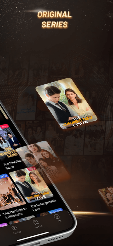 HoneyReels - Capture d'écran de l'interface de l'application HoneyReels présentant les titres de séries dramatiques courtes originales sur un smartphone.