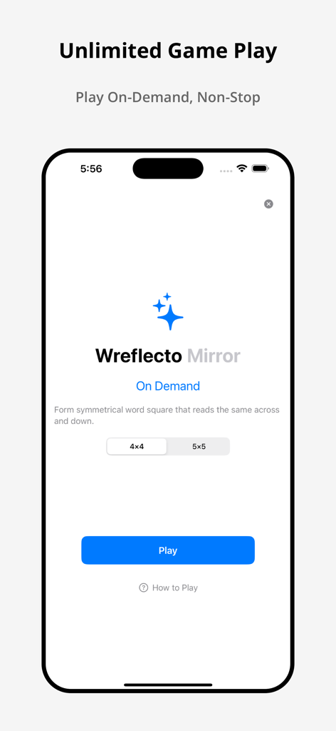 Offline Game: Wreflecto Word - Pantalla de la aplicación Wreflecto Word que muestra el modo Espejo ilimitado a pedido con opciones de selección de tamaño de cuadrícula.
