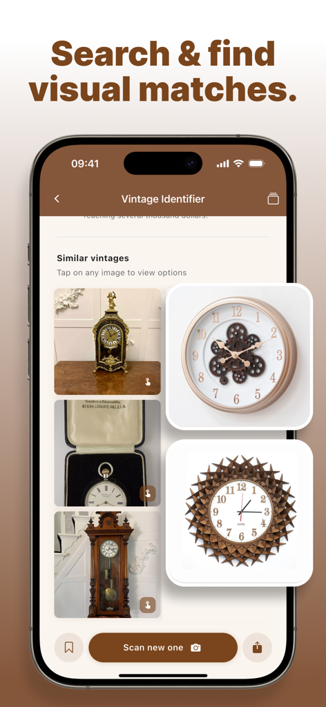 Vintage ID app interface showing visual search results for antique clocks and pocket watches.