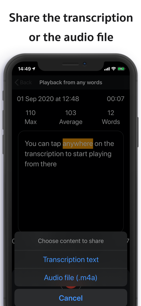 Live Transcribe: Transcrybr - A mobile screen showing the share menu with options for transcription text and audio files.