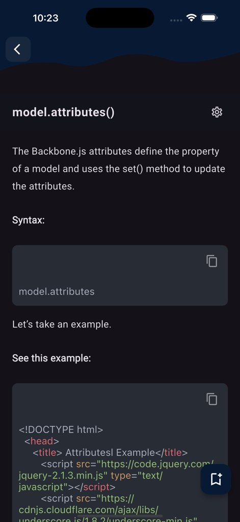Learn Backbone.js Framework - Educational screen from Learn Backbone js Framework app showing model attributes syntax and code example