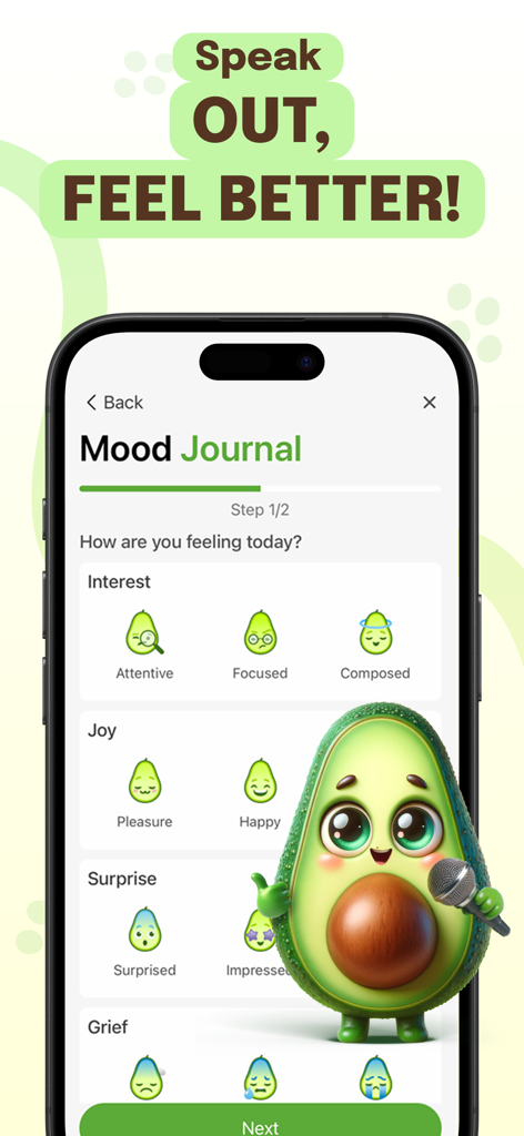 Avocado AI wellbeing app mood journal screen featuring a 3D avocado character and emotion icons