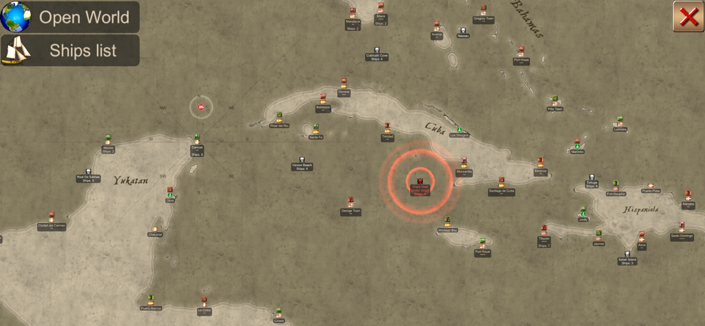 The Pirate: Caribbean Hunt - Strategic world map showing Caribbean islands and ports in The Pirate Caribbean Hunt game.