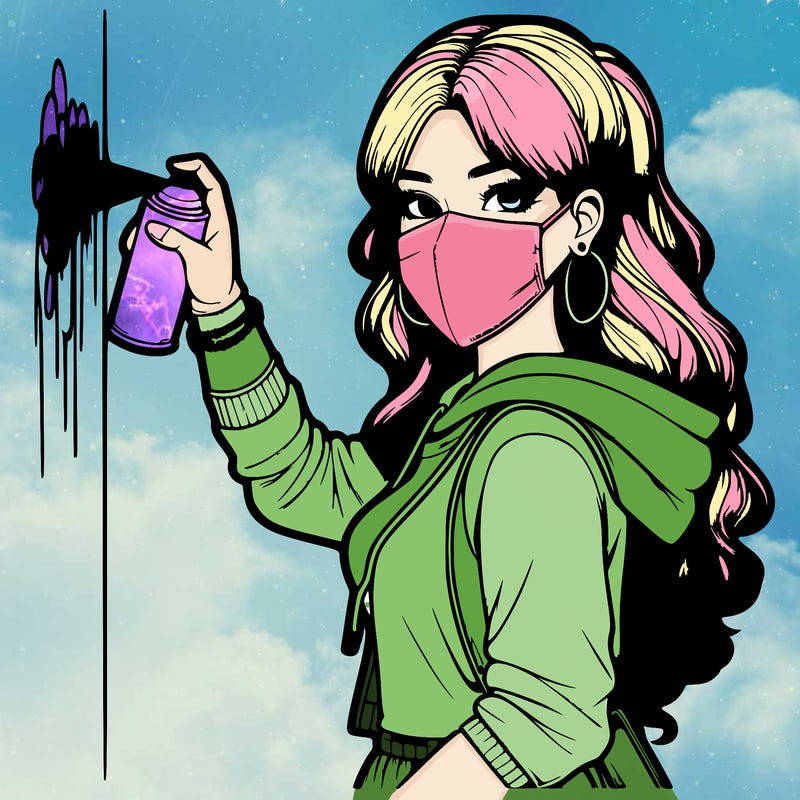 realistic girl with mask spray painting a wall