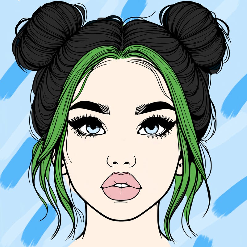 realistic girl with two buns on her hair and lips