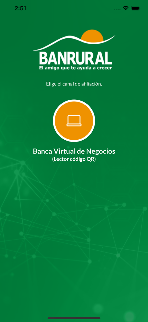 Código Banrural - Affiliation channel selection screen in the Código Banrural app for business banking
