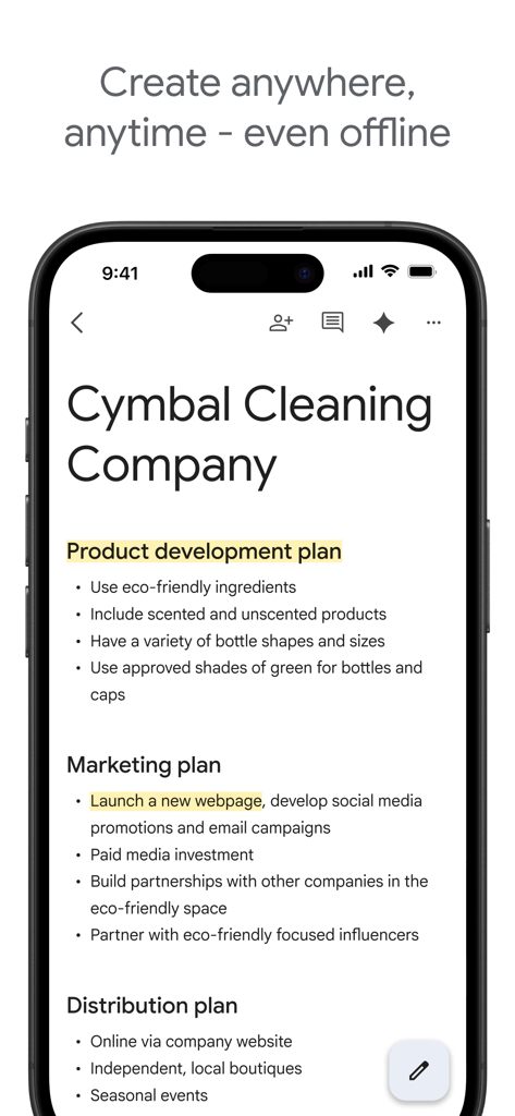 Google Docs mobile app interface showing a business plan with the header Create anywhere anytime even offline