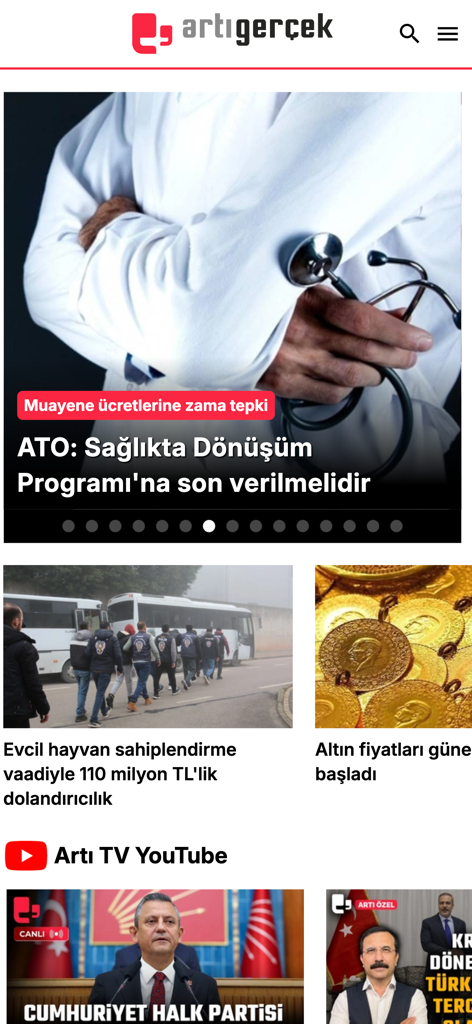 ArtiGercek.com - Home screen of the ArtiGercek mobile news app showing various Turkish news headlines and video content