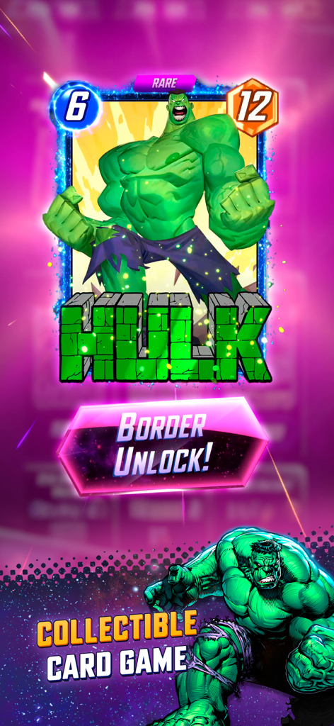 Marvel Snap mobile game screenshot showing a Rare Hulk card with a Border Unlock achievement