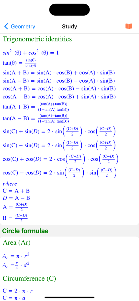 Geometry-Solver Pro - Trigonometric identities and circle area formulas displayed on the study page of the Geometry-Solver Pro app.