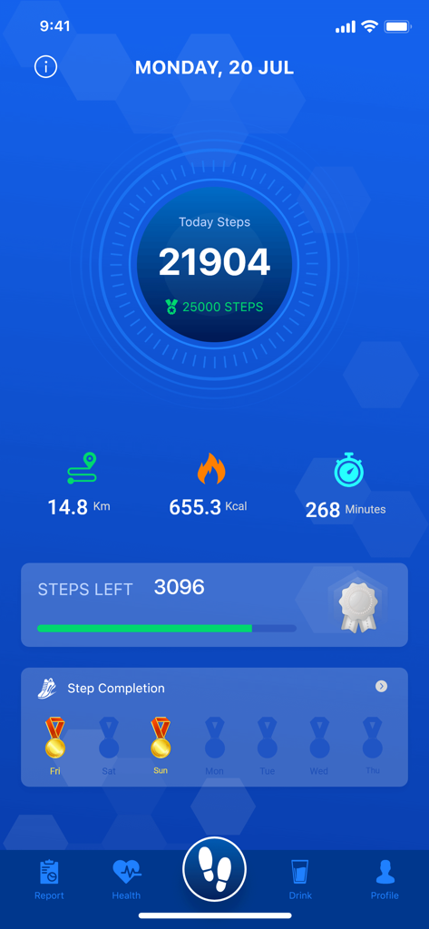 Pedometer: Step counter - Dashboard of the Pedometer app showing step count and fitness metrics
