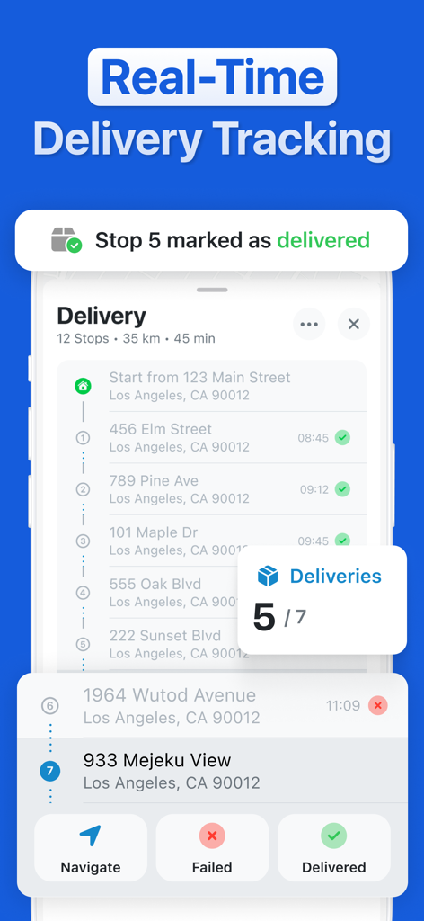 enRoute Delivery Route Planner - Smartphone screen displaying the real-time delivery tracking interface of the enRoute app with a list of stops and delivery progress