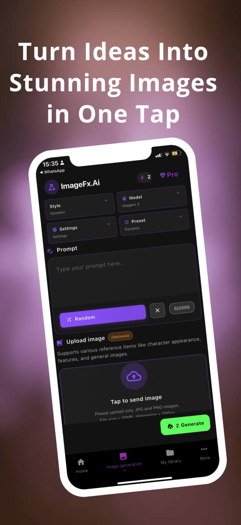 Mobile app interface of Imagex-Ai showing the prompt input field and image generation settings