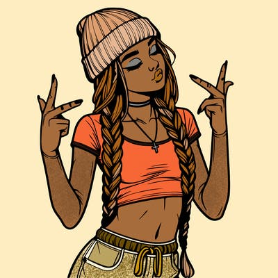 realistic teenage girl with braids and a beanie and crop top doing 🫶🏼