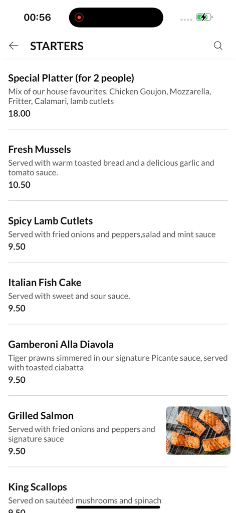 Beauvoir Arms - A list of starters from the Beauvoir Arms mobile app menu featuring appetizers like mussels, lamb cutlets, and grilled salmon.
