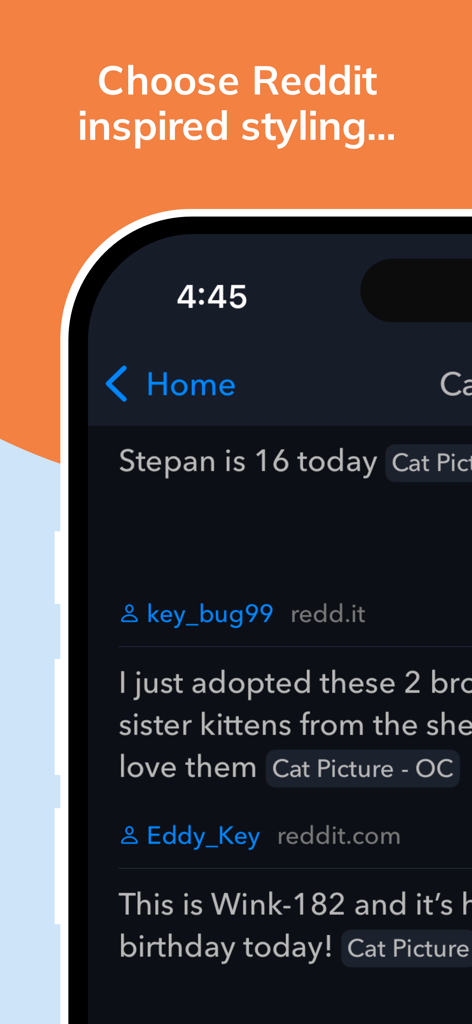 Narwhal for Reddit app interface showing a dark mode feed with custom styling options