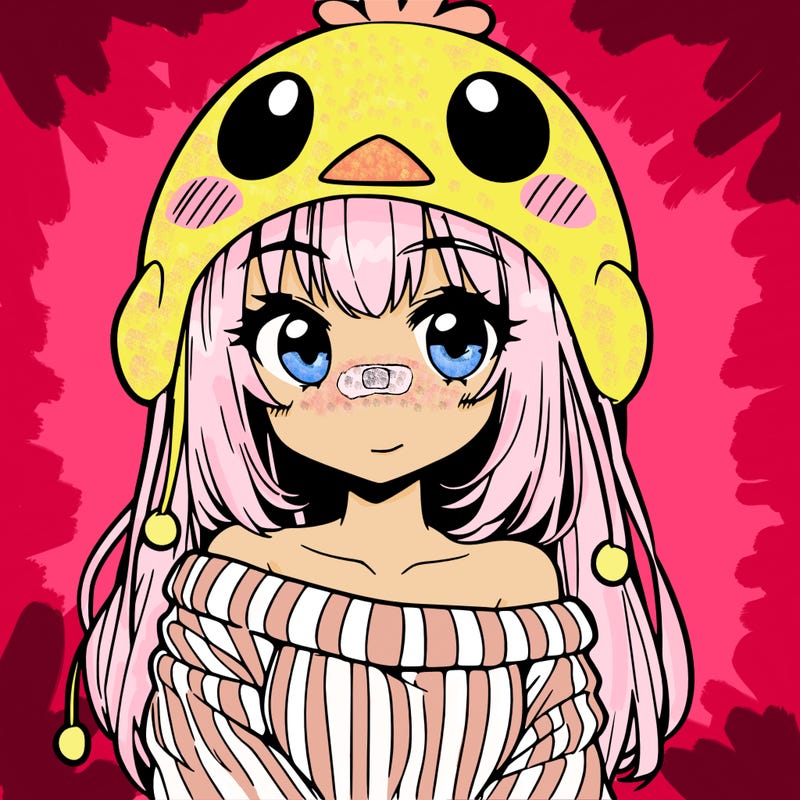 anime girl with chick shaped hat with sweater with bare shoulders with bangs covering them one eye with low tail