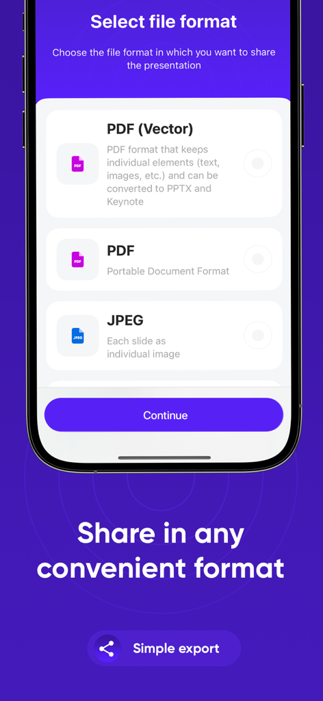 Mobile app interface showing presentation export options including PDF Vector, PDF, and JPEG